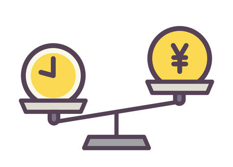 A balance scale weighing time (clock icon) against money (yen symbol), illustrating the trade-off between time and financial resources.