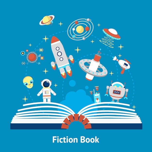 Open book with astronaut, rocket, UFO, robot, planets, and stars emerging-symbolizing science fiction storytelling.