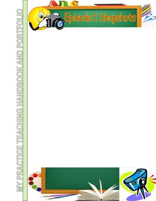Educational template for teaching handbook and portfolio with chalkboard, camera, books, and ABC theme.