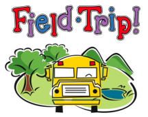 Colorful illustration of a yellow school bus on a field trip with trees, hills, and a pond.