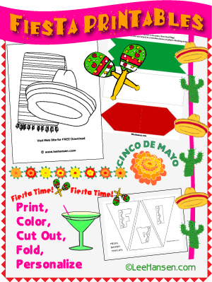 Fiesta-themed printable activity sheets including maracas, sombreros, cacti, and Cinco de Mayo decorations for kids’ crafts.