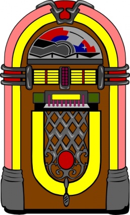 Vintage colorful jukebox with yellow arch, red accents, and decorative grille.