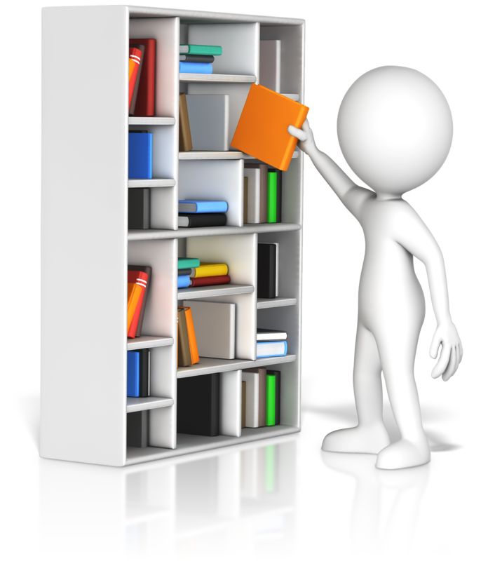 White 3D figure selecting an orange book from a colorful bookshelf.