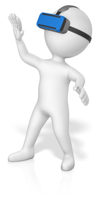 White 3D figure wearing blue VR headset, raising hand in immersive gesture.