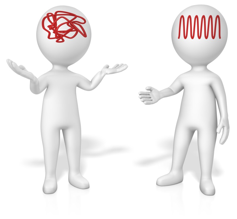 Two 3D figures-one with tangled red lines in head (confusion), the other with orderly wavy lines (clarity)-gesturing in conversation.