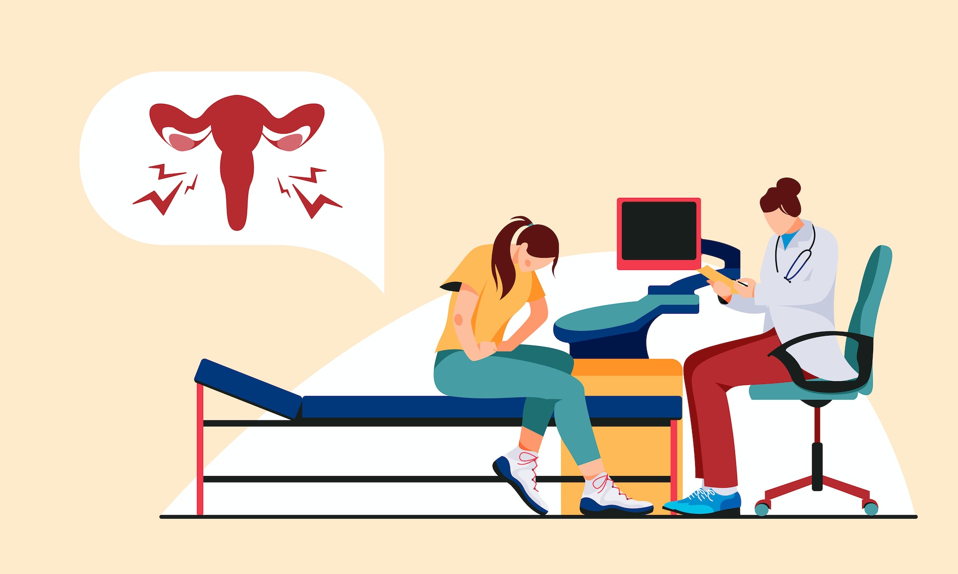 Woman experiencing pelvic pain during gynecological consultation, with uterine illustration showing discomfort.