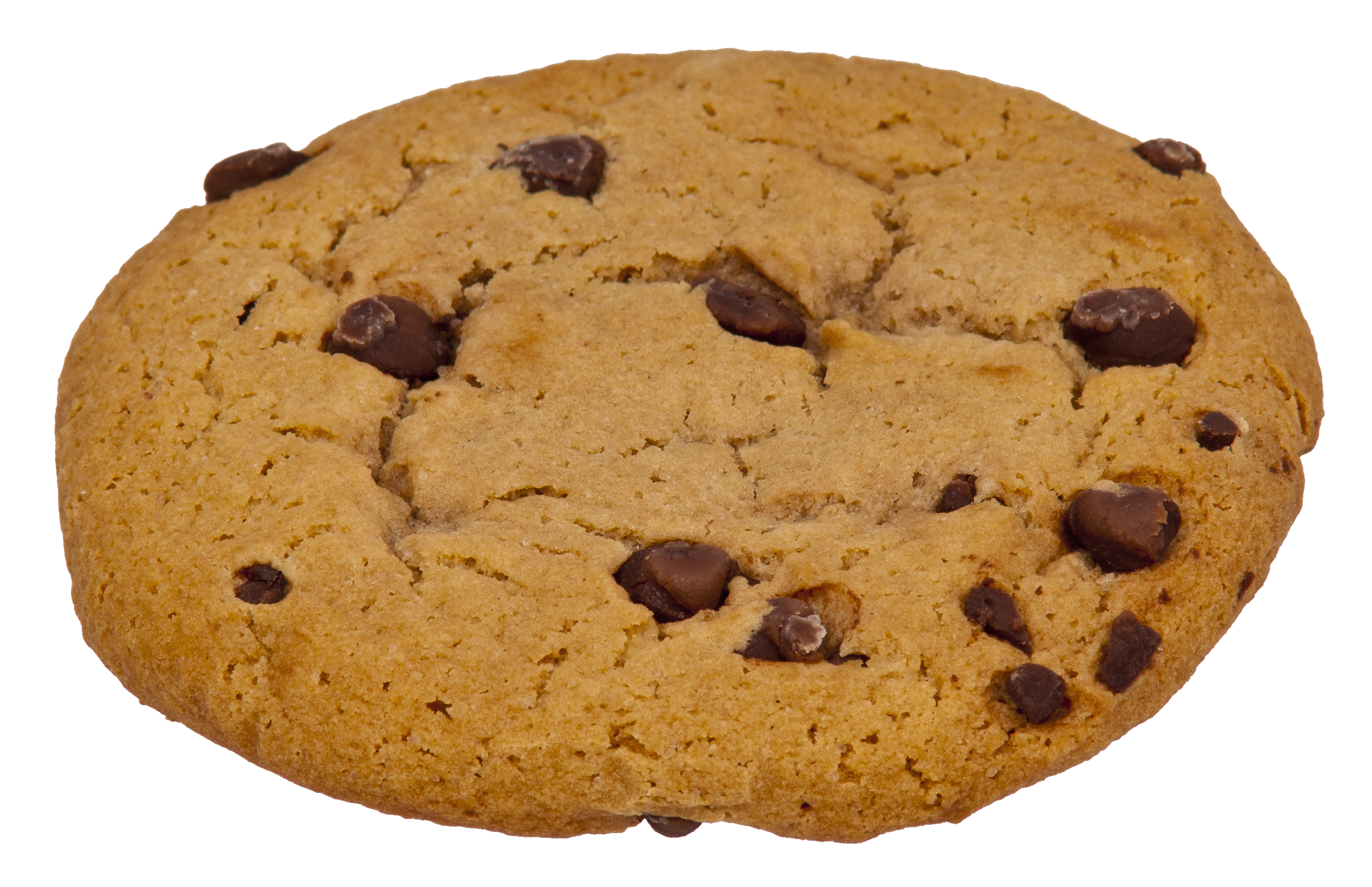 Golden-brown chocolate chip cookie with visible melted chips and cracked surface texture.