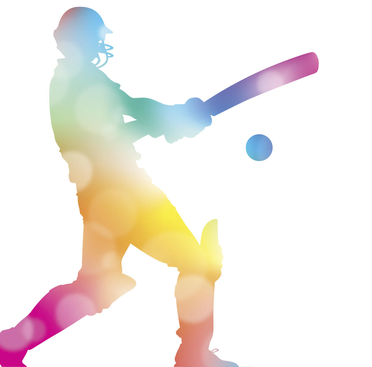 Rainbow-colored silhouette of a cricketer batting, with bat mid-swing and ball in motion against white background.