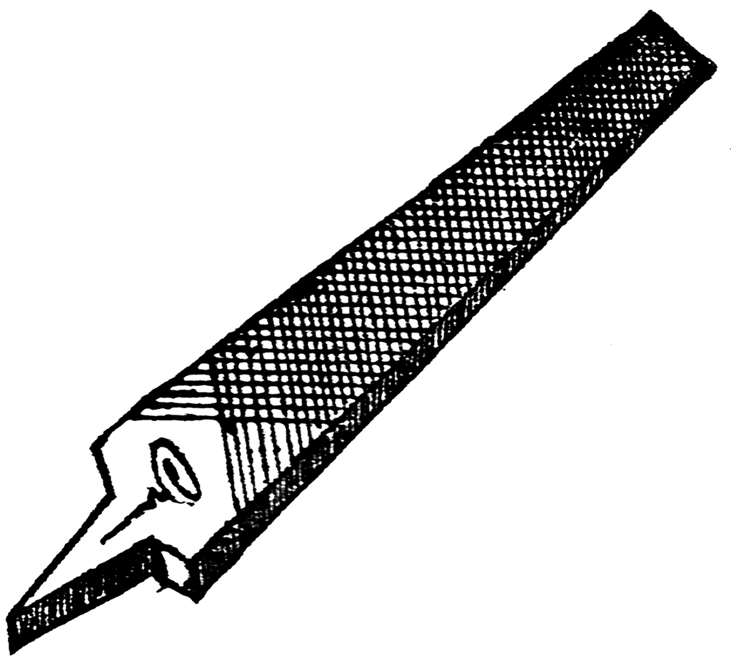 Black-and-white illustration of a taper-pointed metal file with cross-hatched cutting surface and tang end.