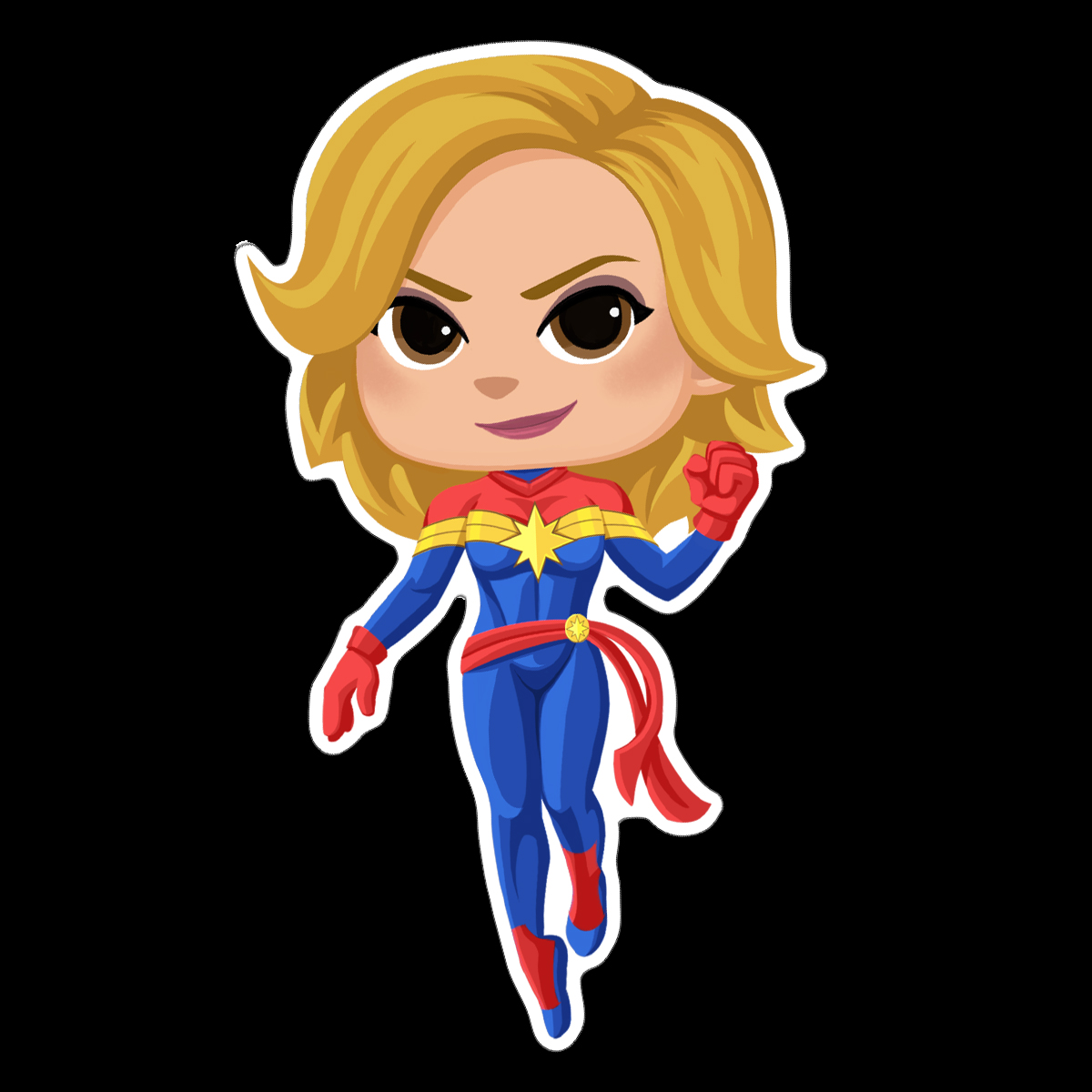 Chibi-style Captain Marvel in blue and red suit with gold star, flying pose, blonde hair, confident expression.