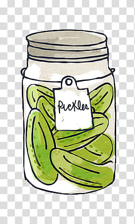 Hand-drawn illustration of a glass jar filled with green pickle slices, labeled "Pickles" on a hanging tag.
