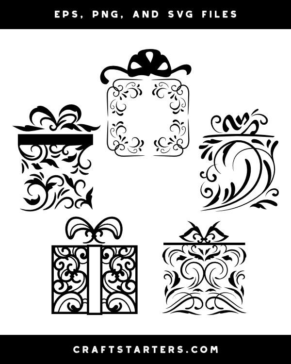 Five ornate black-and-white gift box vector designs with floral and scrollwork details, available as EPS, PNG, and SVG files.