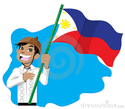Smiling Filipino boy in traditional barong tagalog holding Philippine flag on bamboo pole against blue swirl background.
