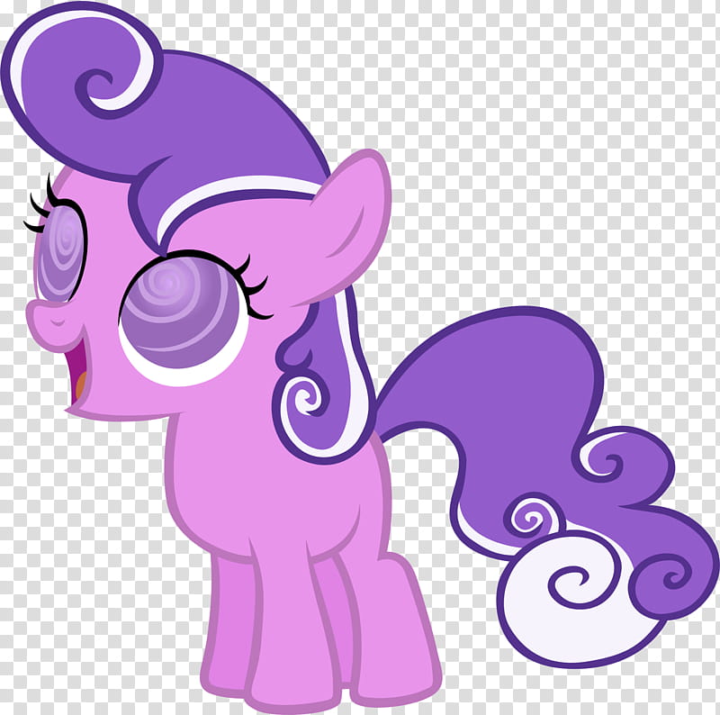 A cheerful purple pony with spiral-patterned eyes, a curly violet mane and tail, and a joyful open-mouthed expression.