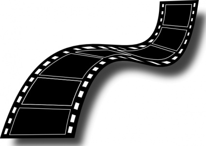 Black-and-white stylized film strip curving across a white background, symbolizing cinema or video media.