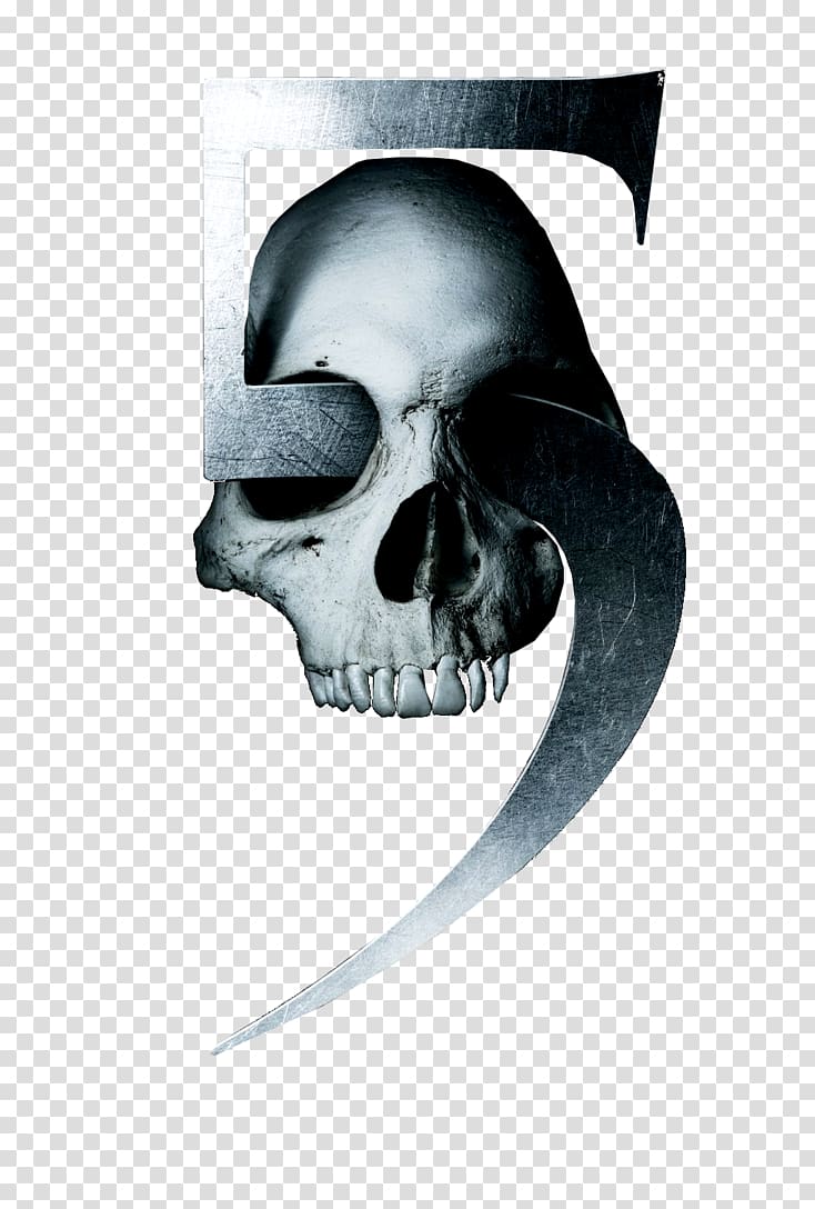 A metallic numeral "5" with a human skull embedded inside, rendered in monochrome with high contrast and sharp edges.