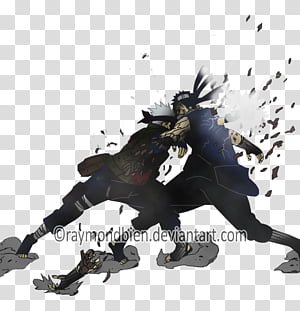Two anime-style ninja warriors clash mid-battle with explosive energy and debris flying.
