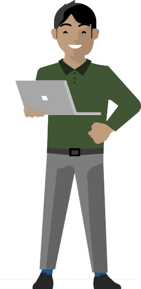 Smiling man in green shirt holding laptop, standing confidently with one hand on hip.