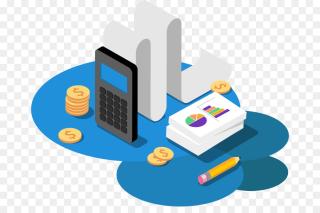 Isometric illustration of financial tools on a cloud: calculator, coins, documents, pencil, and bar charts.