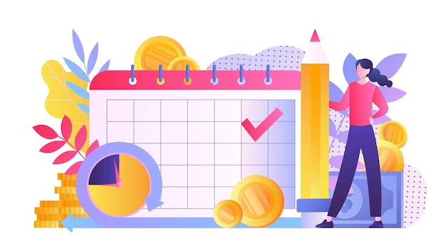 Woman planning finances with calendar, coins, clock, and pencil in flat illustration style.