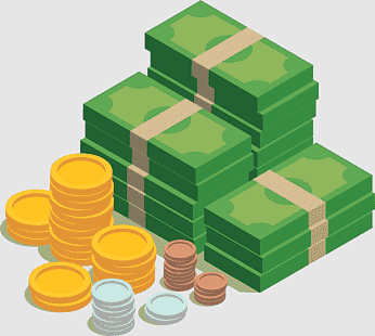 Stacks of green cash bundles and piles of gold, silver, and copper coins in isometric style.