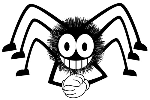 Cheerful cartoon spider with big eyes, wide grin, and eight legs, hands clasped in excitement.