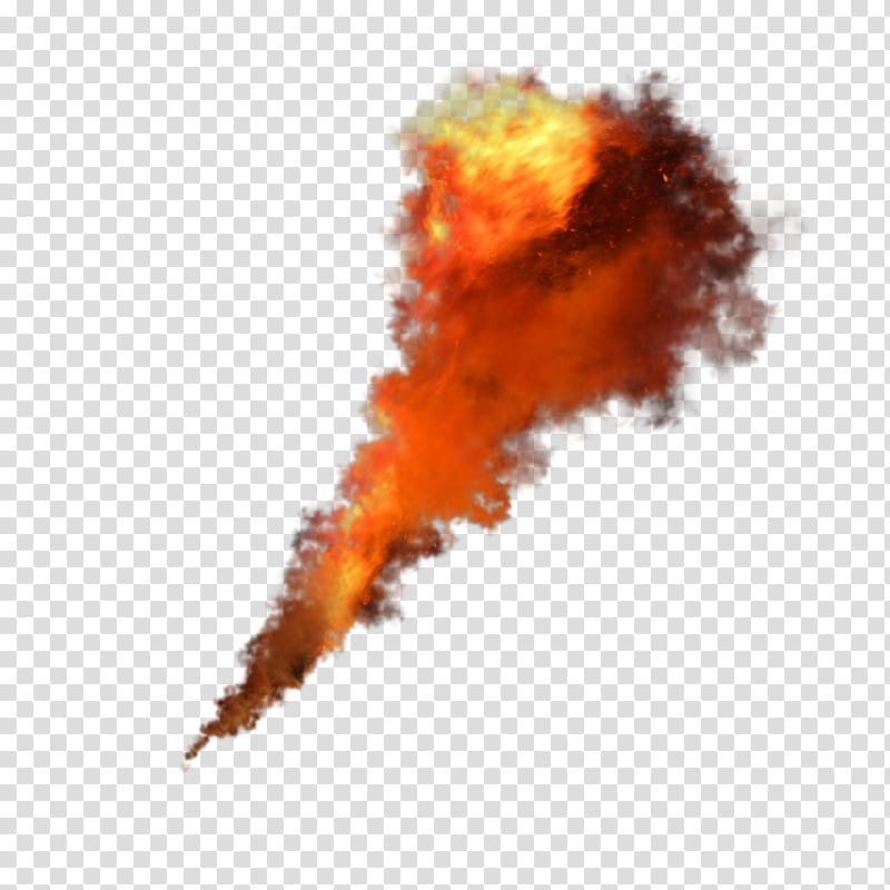Fiery explosion trail with orange flames and dark smoke against transparent background