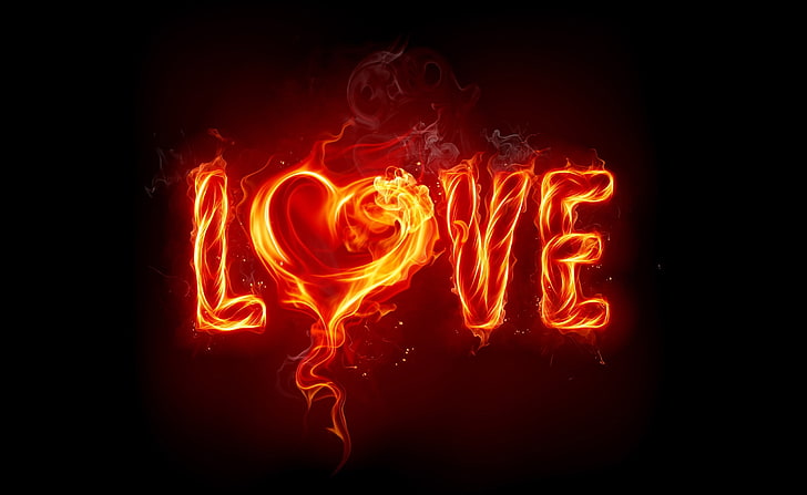 Fiery "LOVE" text with heart-shaped flame in the 'O', glowing against a dark background with smoke effects.
