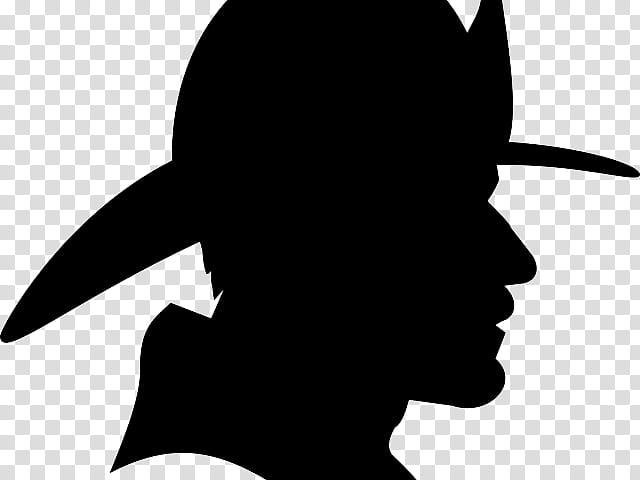 Silhouette of a firefighter in profile wearing a traditional helmet, black on transparent background.