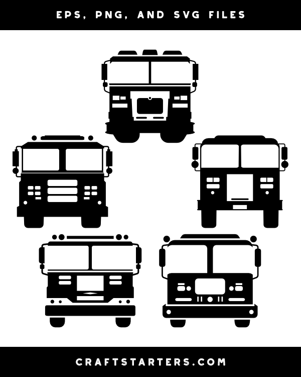 Five black-and-white fire truck front-view silhouettes in EPS, PNG, and SVG formats.