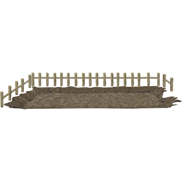A cartoon-style wooden picket fence enclosing a rectangular patch of bare, uneven dirt ground.