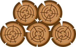 Five illustrated wooden log cross-sections stacked in a pyramid, showing growth rings and bark edges.
