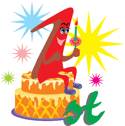 Cheerful red number "1" character celebrating with a candle on a two-tier cake, surrounded by colorful starbursts.