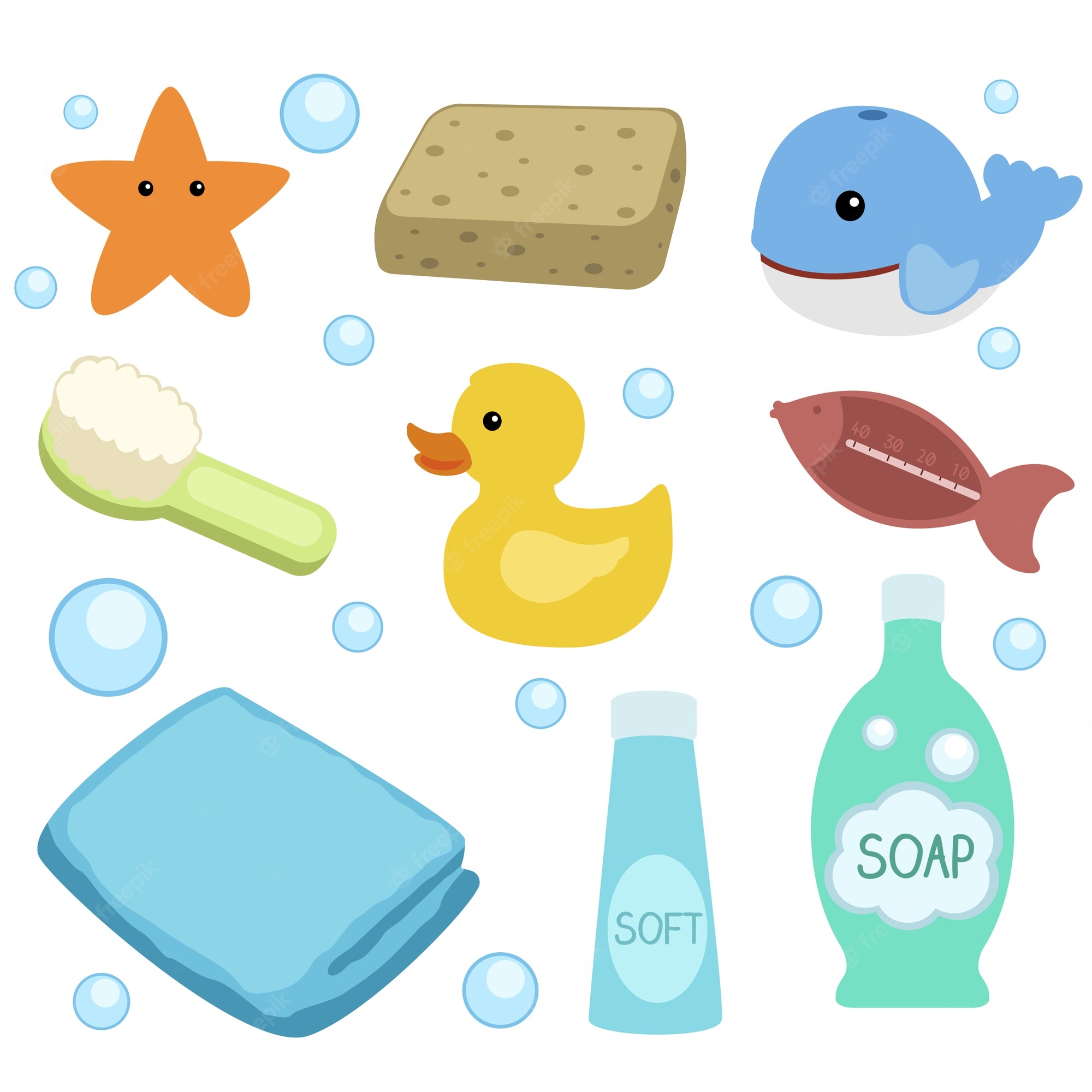Cute bath time items including rubber duck, soap, towel, sponge, whale toy, starfish, brush, thermometer, and bubbles.
