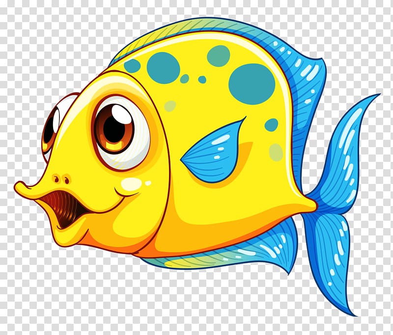 Bright yellow cartoon fish with blue spots and fins, big expressive eyes, smiling open mouth on transparent background.