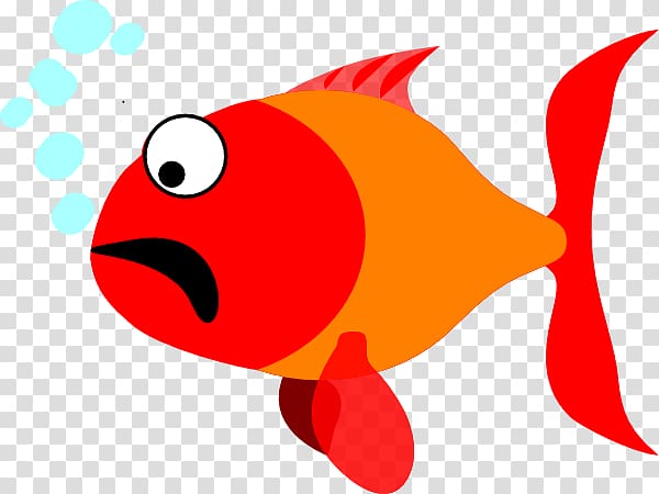 A cartoon red-and-orange goldfish with wide eyes and open mouth, blowing blue bubbles against a transparent background.