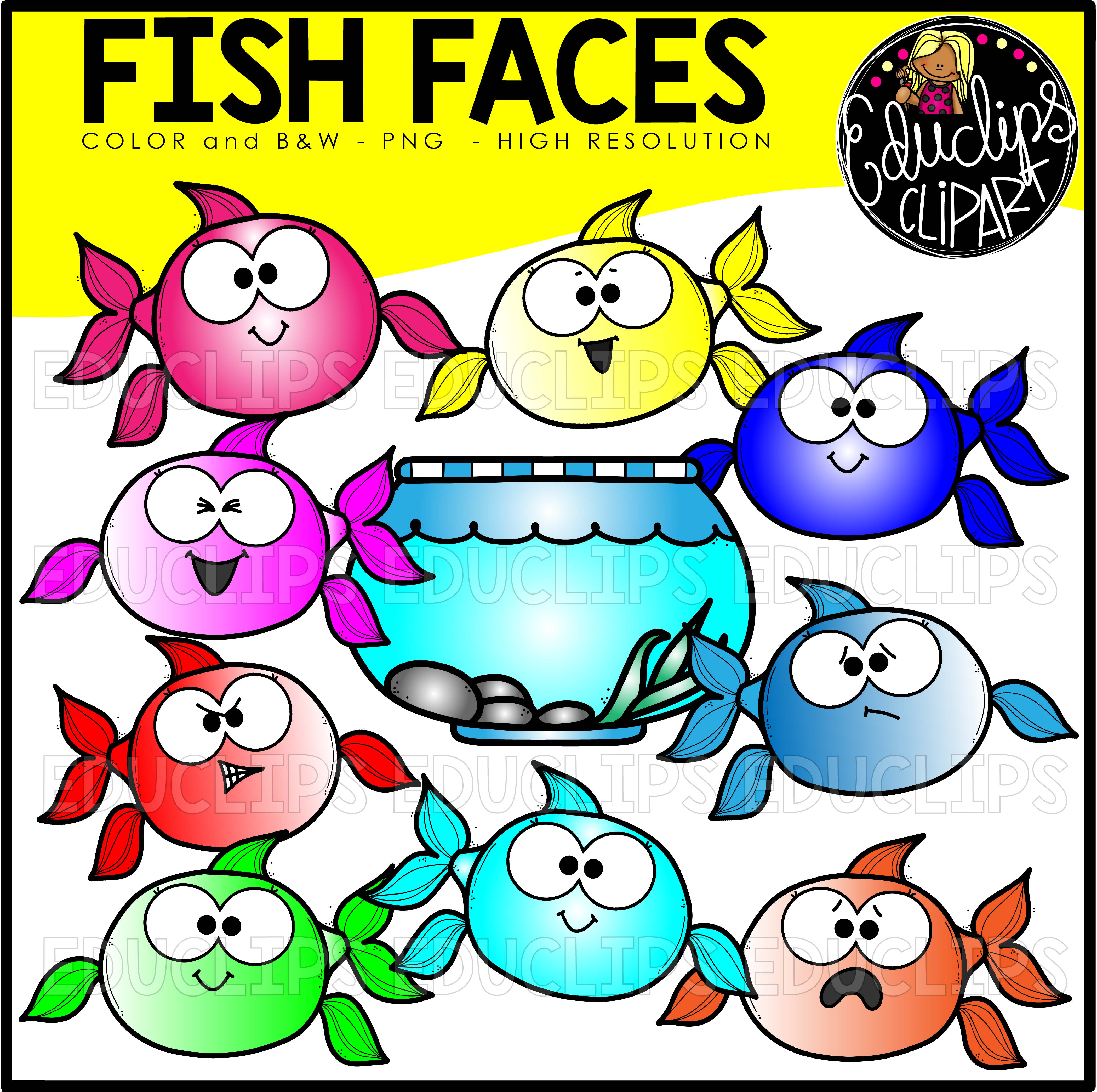 Colorful cartoon fish with expressive faces, including smiling, winking, angry, and surprised expressions, plus a fishbowl.