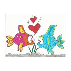 Two colorful cartoon fish facing each other with hearts and bubbles, expressing love underwater.