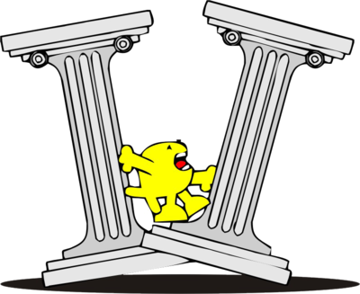 A yellow cartoon character is crushed between two collapsing classical columns, symbolizing institutional failure or legal collapse.