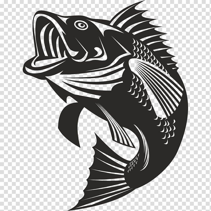 Stylized black-and-white illustration of a leaping bass fish with open mouth and detailed fins.