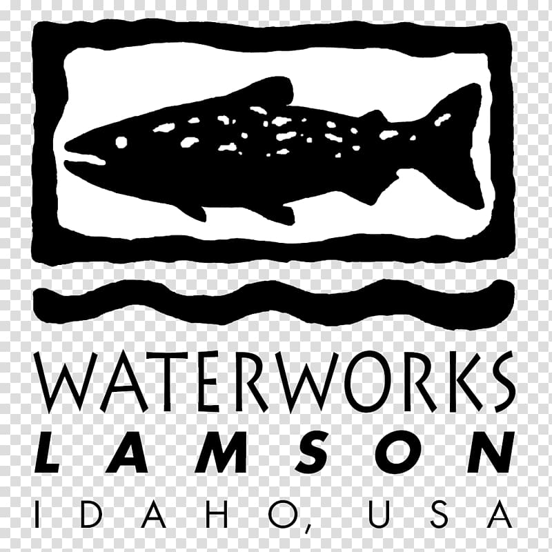 Black-and-white logo of a salmon inside a rustic frame with wavy water line, labeled "Waterworks Lamson, Idaho, USA".