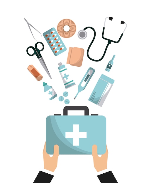 Hands holding a first aid kit with medical supplies like stethoscope, scissors, pills, and bandages floating above.