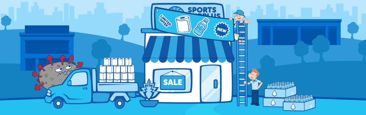 A cartoon storefront labeled "Sports Plus" with a sale sign, toilet paper and water bottle deliveries, and a virus character on a truck.