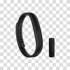 Black fitness tracker wristband with detachable sensor module on transparent background.