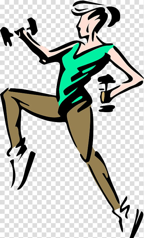 Stylized illustration of a woman exercising with dumbbells, wearing green top and brown pants, mid-motion in dynamic pose.