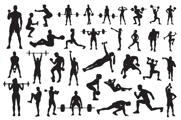 Black silhouettes of diverse people performing weightlifting, bodyweight exercises, and fitness routines against white background.