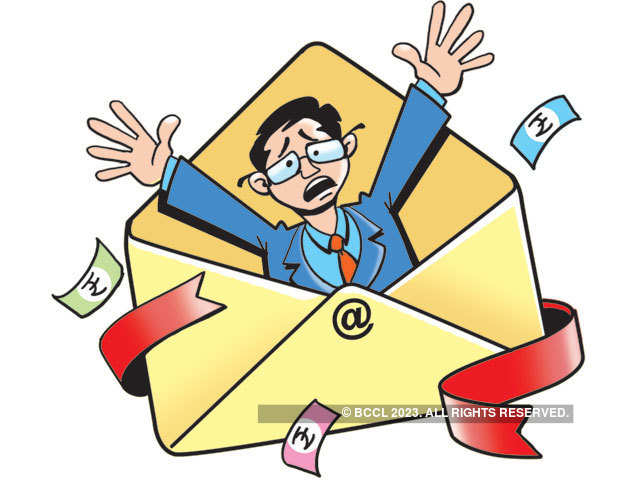 Stressed man trapped inside an oversized email envelope with flying rupee notes and red ribbon.