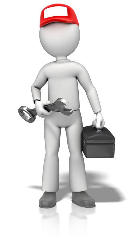 3D cartoon mechanic in red cap holding wrench and toolbox, white background.