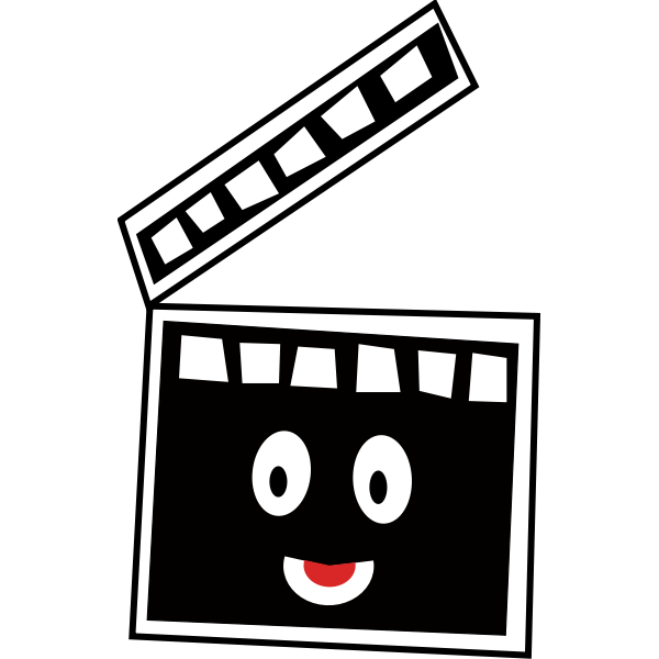 A smiling cartoon clapperboard with white eyes, red mouth, and film strip frame on black background.