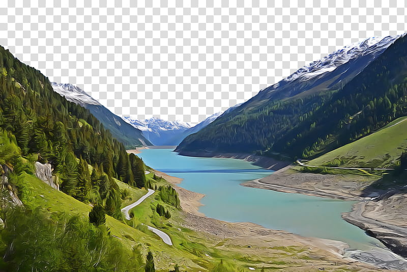 Serene alpine lake nestled between snow-capped mountains and lush green slopes, with a winding road along the shore.